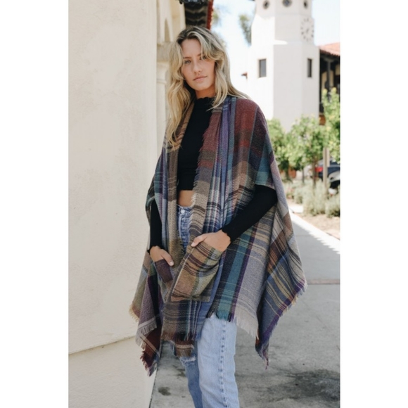 Plaid Pocket Ruana Poncho Blanket Sweater Scarf - Picture 5 of 7